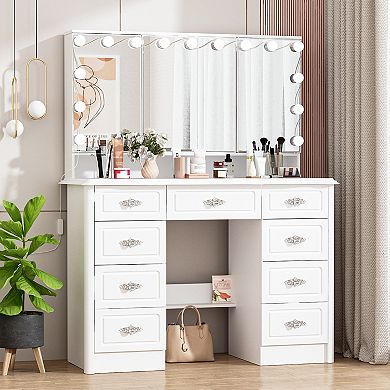 White Vanity Desk with Lighted Mirror, 3 Color Lighting, 10 Drawers, Makeup Dressing Table