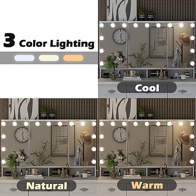 White Vanity Desk with Lighted Mirror, 3 Color Lighting, 10 Drawers, Makeup Dressing Table