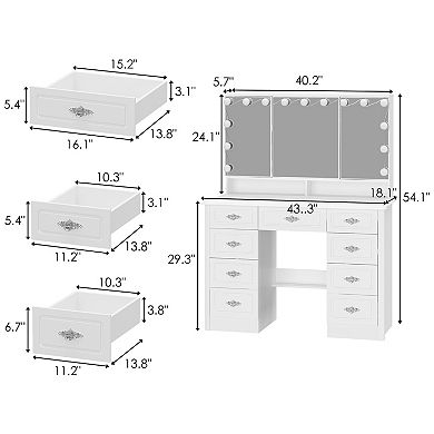 White Vanity Desk with Lighted Mirror, 3 Color Lighting, 10 Drawers, Makeup Dressing Table