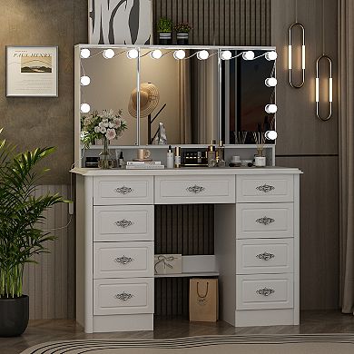 White Vanity Desk with Lighted Mirror, 3 Color Lighting, 10 Drawers, Makeup Dressing Table