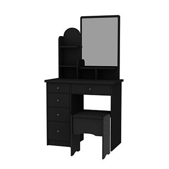 Black Vanity Desk with Mirror, Storage Drawers & Stool, Modern Makeup Table Set
