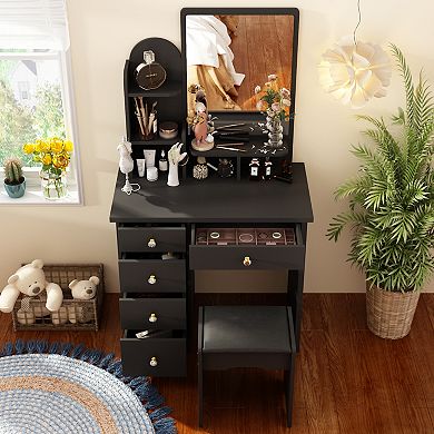 Black Vanity Desk with Mirror, Storage Drawers & Stool, Modern Makeup Table Set
