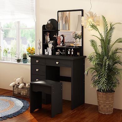 Black Vanity Desk with Mirror, Storage Drawers & Stool, Modern Makeup Table Set