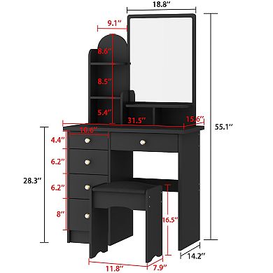 Black Vanity Desk with Mirror, Storage Drawers & Stool, Modern Makeup Table Set