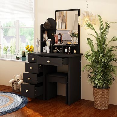 Black Vanity Desk with Mirror, Storage Drawers & Stool, Modern Makeup Table Set