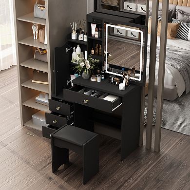 Black Makeup Vanity Desk with LED Lighted Mirror, Storage Drawers & Cushioned Stool