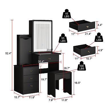 Black Makeup Vanity Desk with LED Lighted Mirror, Storage Drawers & Cushioned Stool