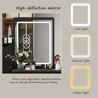 Black Makeup Vanity Desk with LED Lighted Mirror, Storage Drawers & Cushioned Stool