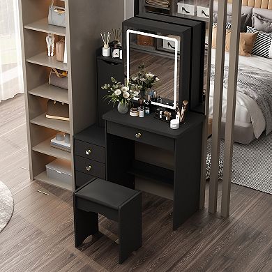Black Makeup Vanity Desk with LED Lighted Mirror, Storage Drawers & Cushioned Stool