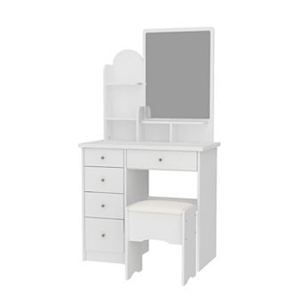 White Vanity Desk Set with Mirror, 5 Drawers & Stool, Makeup Table with Open Shelves