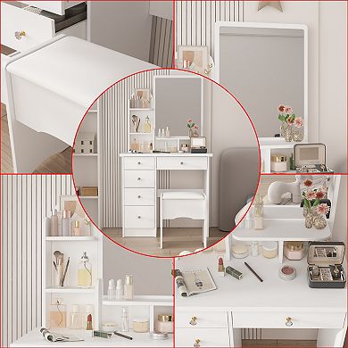 White Vanity Desk Set with Mirror, 5 Drawers & Stool, Makeup Table with Open Shelves