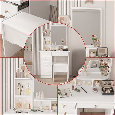 white dressing table with stool and mirror Vanity Makeup Dressing Table Set w/Stool 4 Drawer & Led Mirror Wood Desk  White