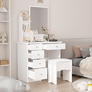 White Vanity Desk Set with Mirror, 5 Drawers & Stool, Makeup Table with Open Shelves