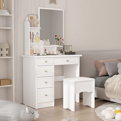White Vanity Desk Set with Mirror, 5 Drawers & Stool, Makeup Table with Open Shelves