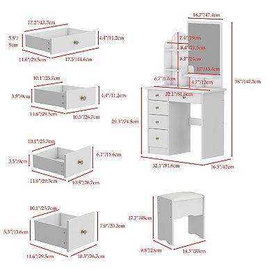 White Vanity Desk Set with Mirror, 5 Drawers & Stool, Makeup Table with Open Shelves