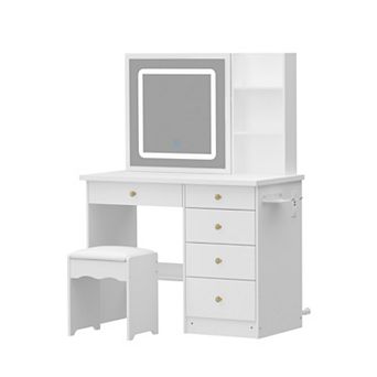 White Makeup Vanity Desk with LED Mirror, Sliding Mirror, Storage Shelves & Stool