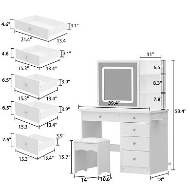 White Makeup Vanity Desk with LED Mirror, Sliding Mirror, Storage Shelves & Stool