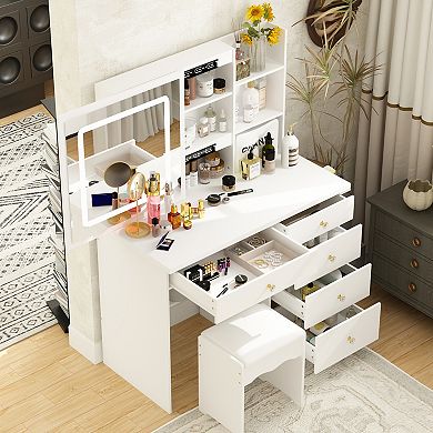 White Makeup Vanity Desk with LED Mirror, Sliding Mirror, Storage Shelves & Stool