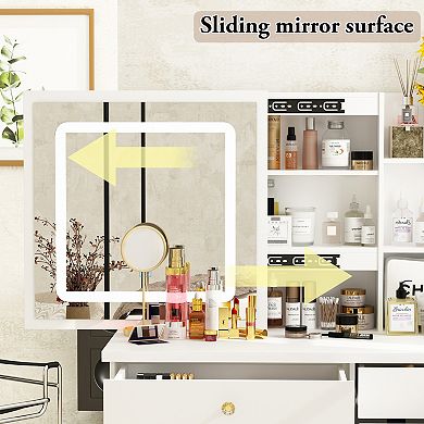 White Makeup Vanity Desk with LED Mirror, Sliding Mirror, Storage Shelves & Stool