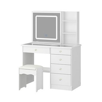 White Vanity Desk with LED Mirror, Makeup Table with Drawers, Storage Shelves & Stool Glass Top