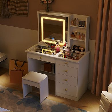 White Vanity Desk with LED Mirror, Makeup Table with Drawers, Storage Shelves & Stool Glass Top