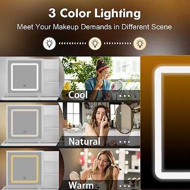 White Vanity Desk with LED Mirror, Makeup Table with Drawers, Storage Shelves & Stool Glass Top