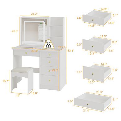 White Vanity Desk with LED Mirror, Makeup Table with Drawers, Storage Shelves & Stool Glass Top