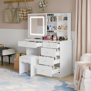 White Vanity Desk with LED Mirror, Makeup Table with Drawers, Storage Shelves & Stool Glass Top