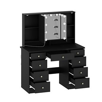 Black Vanity Desk with LED Lighted Mirror, 9 Drawers Makeup Table for Bedroom