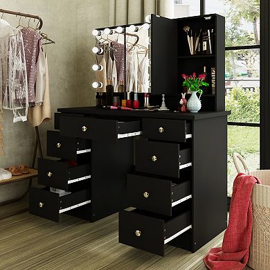 Black Vanity Desk with LED Lighted Mirror, 9 Drawers Makeup Table for Bedroom