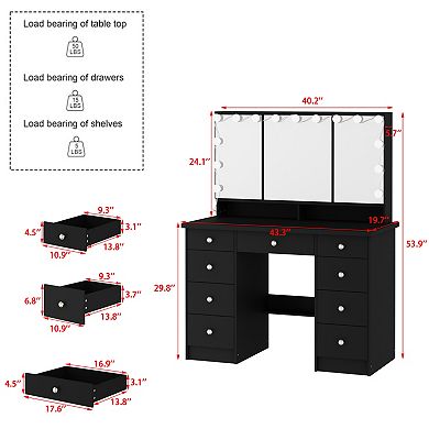 Black Vanity Desk with LED Lighted Mirror, 9 Drawers Makeup Table for Bedroom