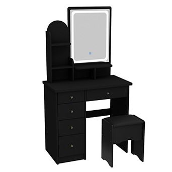 Black Vanity Desk with LED Lighted Mirror, Storage Drawers & Cushioned Stool