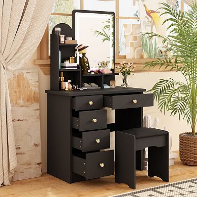 Black Vanity Desk with LED Lighted Mirror, Storage Drawers & Cushioned Stool
