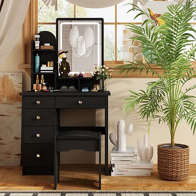 Black Vanity Desk with LED Lighted Mirror, Storage Drawers & Cushioned Stool