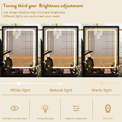 Black Vanity Desk with LED Lighted Mirror, Storage Drawers & Cushioned Stool