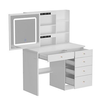 White Vanity Desk with LED Mirror, Sliding Storage, Drawers & Stool, Makeup Table Set