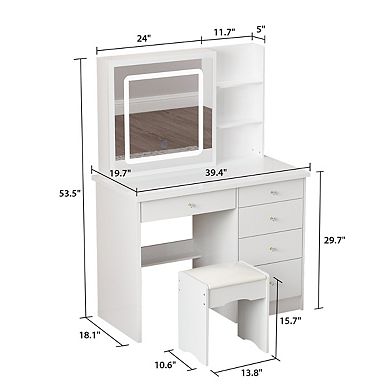 White Vanity Desk with LED Mirror, Sliding Storage, Drawers & Stool, Makeup Table Set