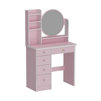 Pink Vanity Desk Set with Mirror and Stool, Makeup Table with Drawers and Storage Shelves