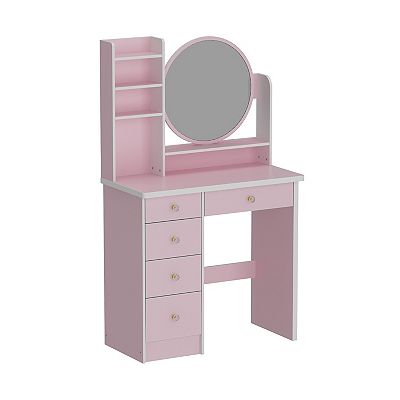 modern pink dressing table Modern Pink Vanity Table with Round Mirror Minimalist Makeup Vanity Table  for Bedroom Furniture