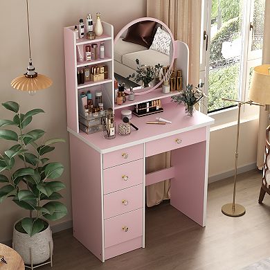 Pink Vanity Desk Set with Mirror and Stool, Makeup Table with Drawers and Storage Shelves
