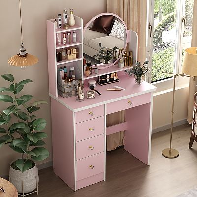 dressing table with mirror pink PUFFCAFE Vanity Desk with Mirror and Lights,Dressing Table with RGB  Cabinets & Charging Station,47.24 Large Pink Vanity