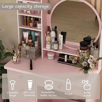 Pink Vanity Desk Set with Mirror and Stool, Makeup Table with Drawers and Storage Shelves