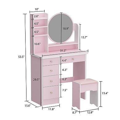 Pink Vanity Desk Set with Mirror and Stool, Makeup Table with Drawers and Storage Shelves