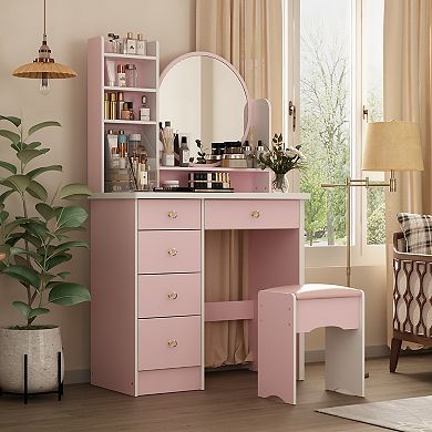 Pink Vanity Desk Set with Mirror and Stool, Makeup Table with Drawers and Storage Shelves