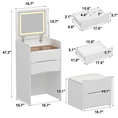 3-in-1 Flip Top Vanity Table with LED Mirror, Dimmable Lights, Storage Drawers & Stool, White