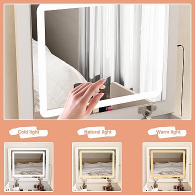 3-in-1 Flip Top Vanity Table with LED Mirror, Dimmable Lights, Storage Drawers & Stool, White