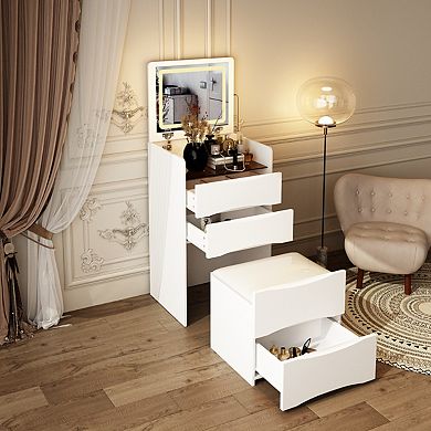 3-in-1 Flip Top Vanity Table with LED Mirror, Dimmable Lights, Storage Drawers & Stool, White