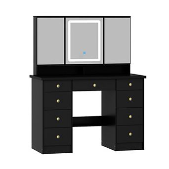 Black Vanity Desk with LED Lighted Mirror and Storage Drawers, 3-Color Touch Lighting