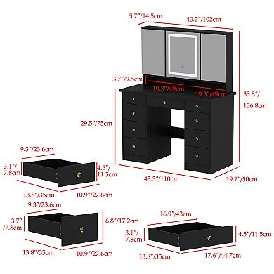 Black Vanity Desk with LED Lighted Mirror and Storage Drawers, 3-Color Touch Lighting
