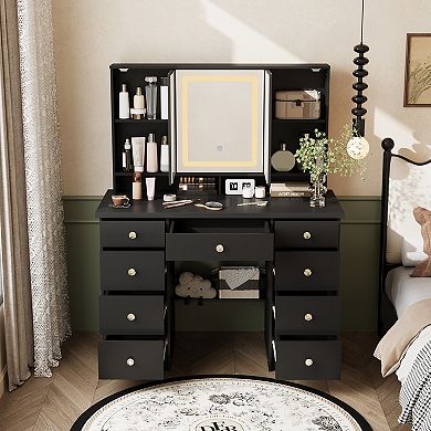 Black Vanity Desk with LED Lighted Mirror and Storage Drawers, 3-Color Touch Lighting